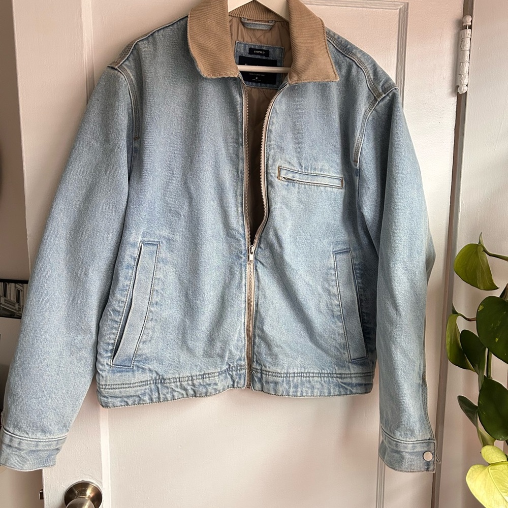 Abercrombie & Fitch Light Blue Jacket with Tan Collar SzM